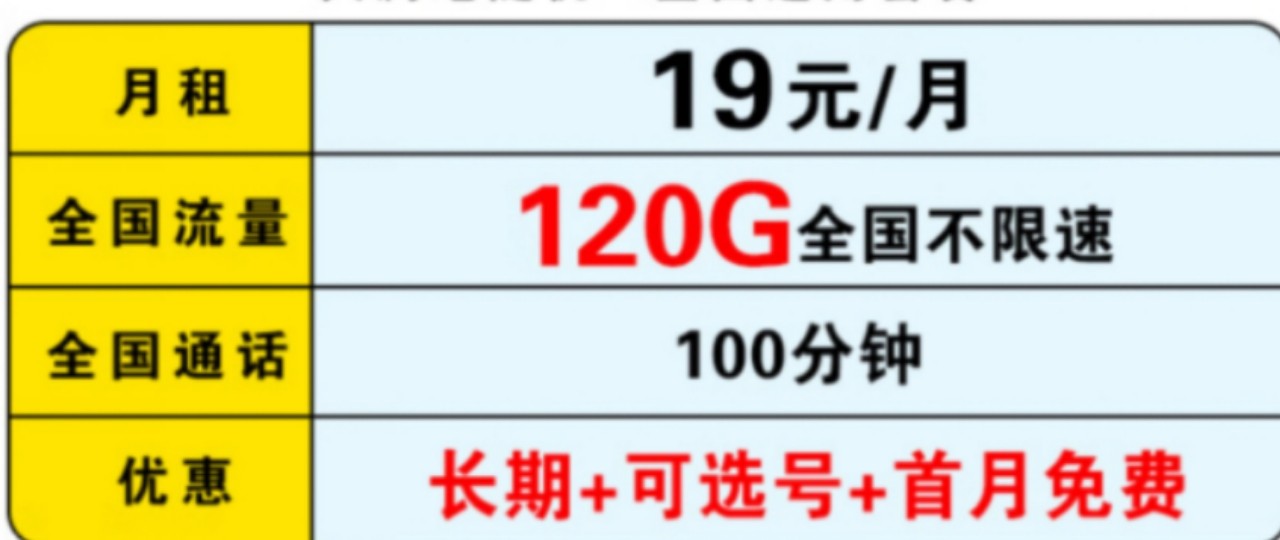 聯(lián)通5G長(zhǎng)期卡 首月免費(fèi) +120G全國(guó)流量+100分鐘全國(guó)通話