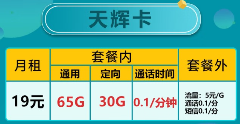 【天津移動】天輝卡  月租19元95G全國流量+0.1/分鐘