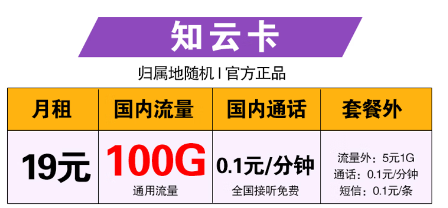 中國移動  知云卡 19元100G全國流量+0.1元/分鐘通話 首月免費