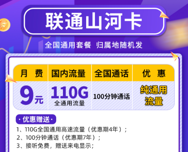 中國(guó)聯(lián)通山河卡 110G純通用流量?jī)?yōu)惠長(zhǎng)期僅需9元