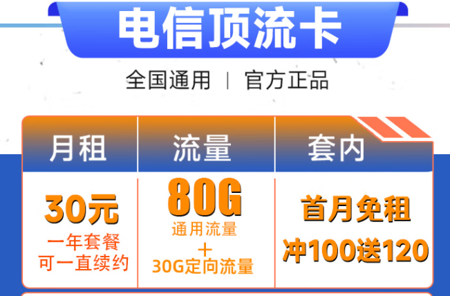 流量實用卡 每月30元可享110G通用流量 抖音快手隨便刷 首月免租 沖100送120