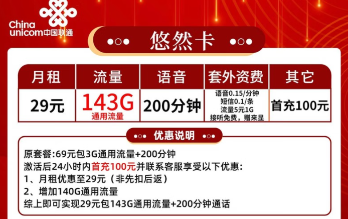 聯(lián)通5G卡手機流量卡 上網(wǎng)卡大流量不限速校園 聯(lián)通悠然卡29元包143G通用流量+200分鐘