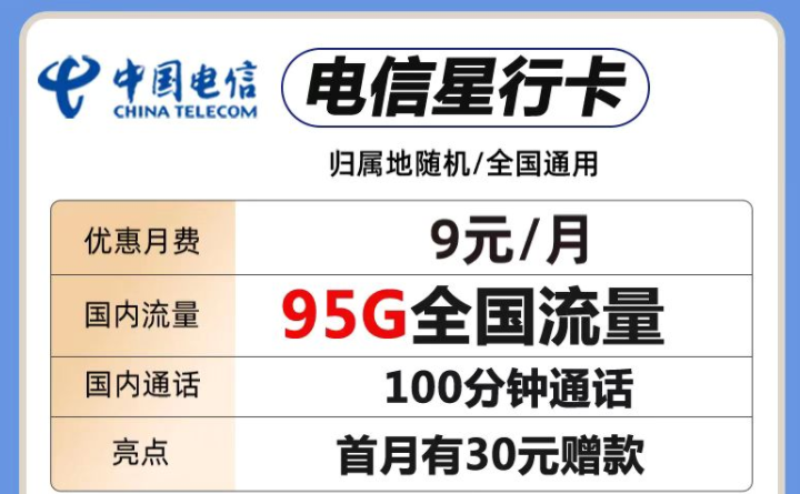 中國(guó)電信各檔位流量卡套餐推薦 最低僅需9元包含95G全國(guó)流量+100分鐘語(yǔ)音