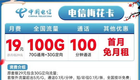 電信19元100G流量套餐|電信梅花卡|電信皖星卡19元100G通用+30G定向|流量+100分鐘語(yǔ)音