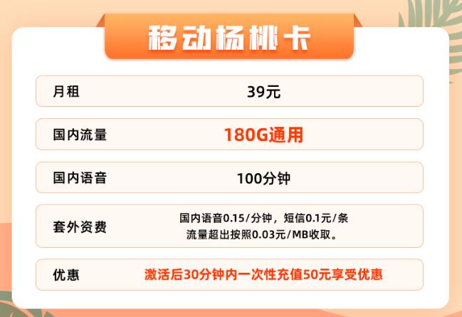 超值福利嗨翻天！超低月租大流量|移動楊桃卡+19元移動本地卡