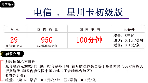 電信星川卡初級、中級卡|29元、39元|大流量免費領(lǐng)！